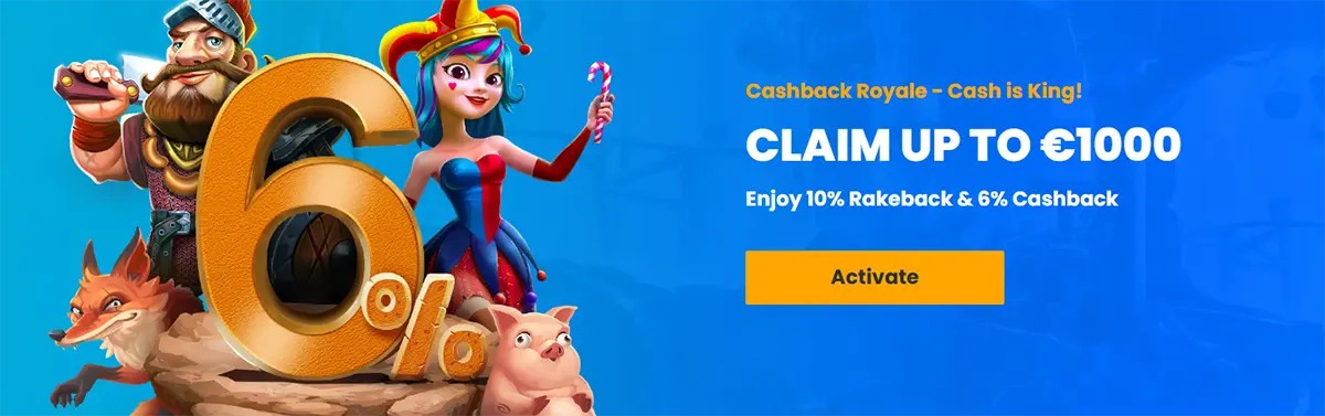 Cashback promotion banner offering up to €1,000 with rakeback and cashback rewards