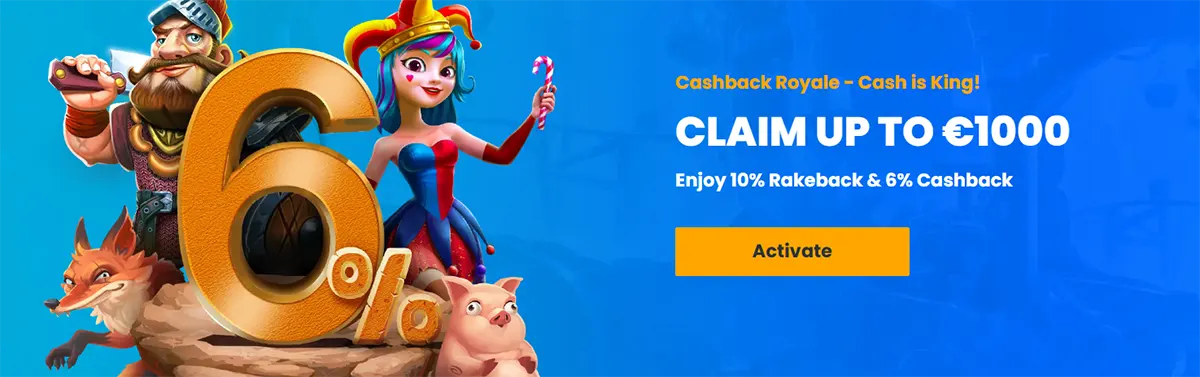 Cashback promotion banner offering up to €1,000 with rakeback and cashback rewards