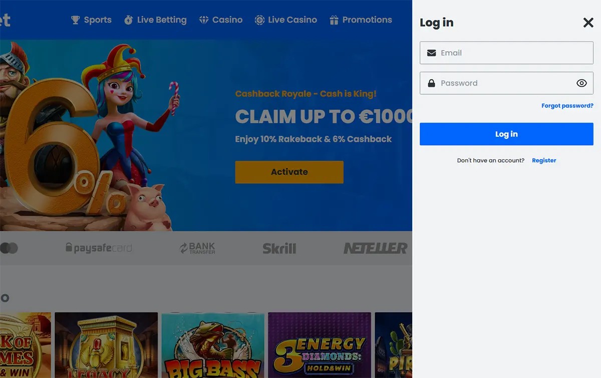 Online casino login panel with email and password fields displayed next to a cashback promotion banner