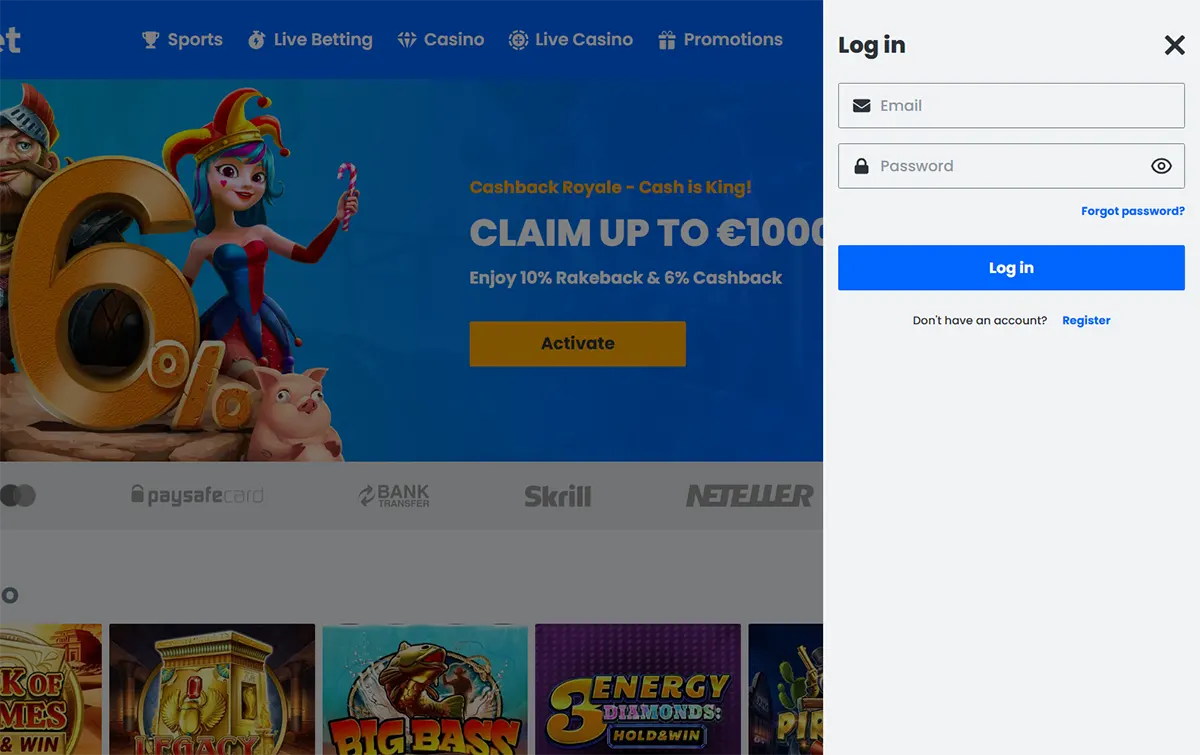 Online casino login panel with email and password fields displayed next to a cashback promotion banner